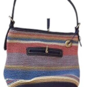 The Sak Shoulder Bag, Zip Top Woven Purse, Neutral Stripes Blue Tan Orange Black